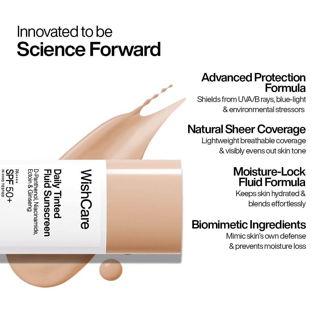 WishCare Daily Fluid Tinted Sunscreen SPF50 PA++++| M203 | Broad Spectrum Protection for all skin types | In-Vivo Tested Tinted Sun Screen |  Evens & Protects | 50ml thumbnail