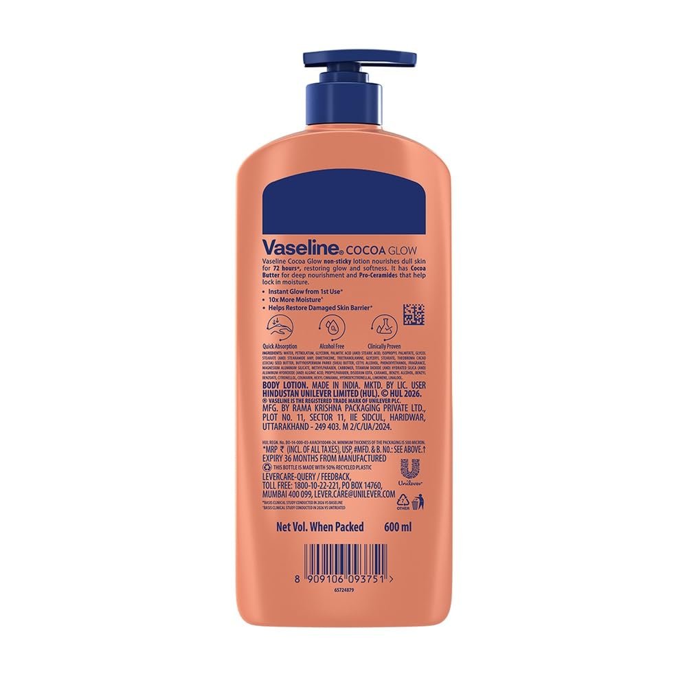 Vaseline Cocoa Glow Serum In Lotion, 600 ml | 100% Pure Cocoa & Shea Butter for Glowing & Soft Skin thumbnail