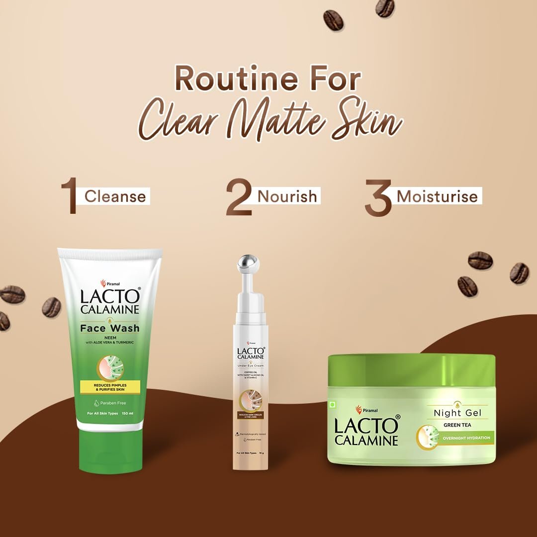 Lacto Calamine Under Eye Cream For Dark Circles for Women & Men | Fine Lines & Puffy Eyes With Cooling Massage Roller | 15g | With Coffee Oil, Multi-Peptides, Niacinamide, & Vitamin E thumbnail