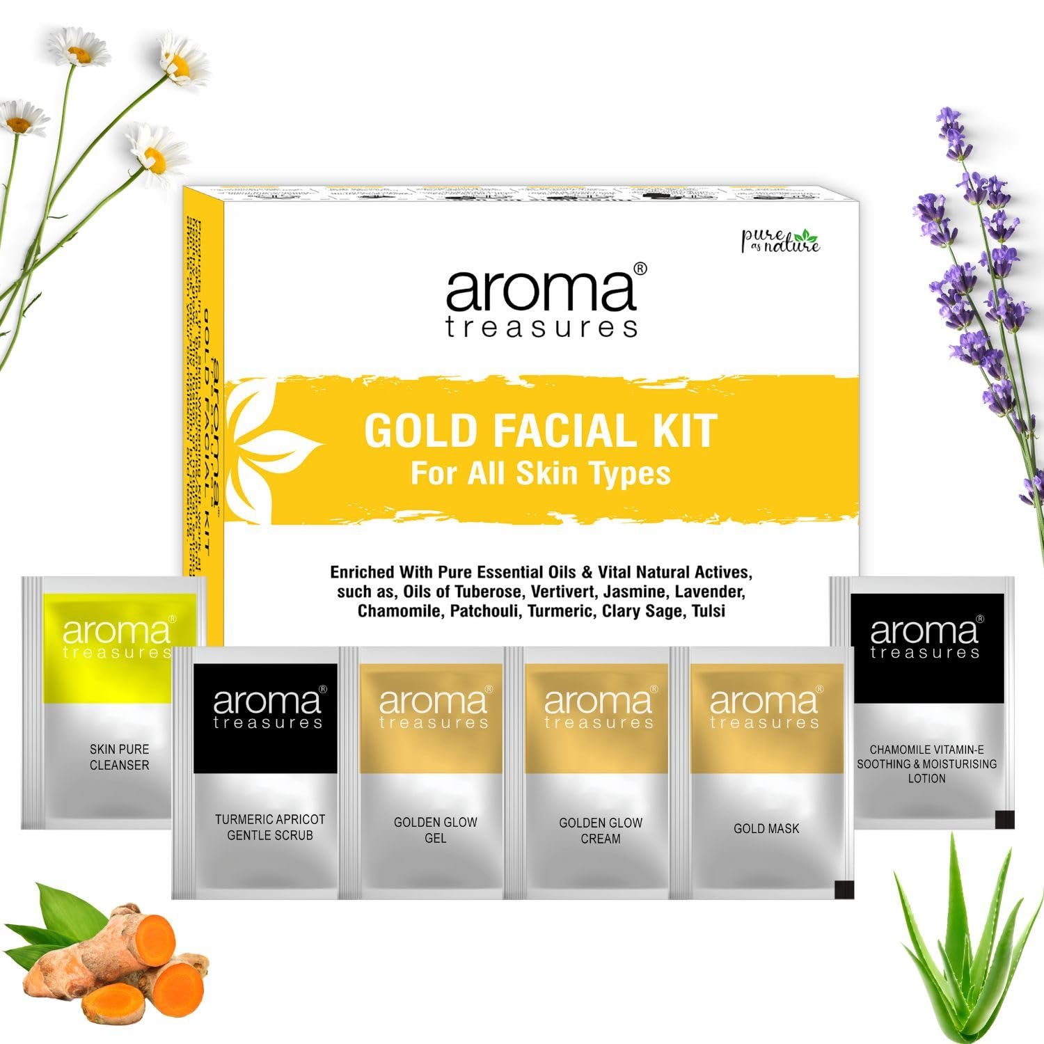 Aroma Treasures Gold Facial Kit (30g/ml) | With 24K Gold Leaf, Turmeric, Lavender & Jasmine Oils | Paraben-Free, Cruelty-Free | Instant Glow, Deep Cleansing & Skin Brightening thumbnail