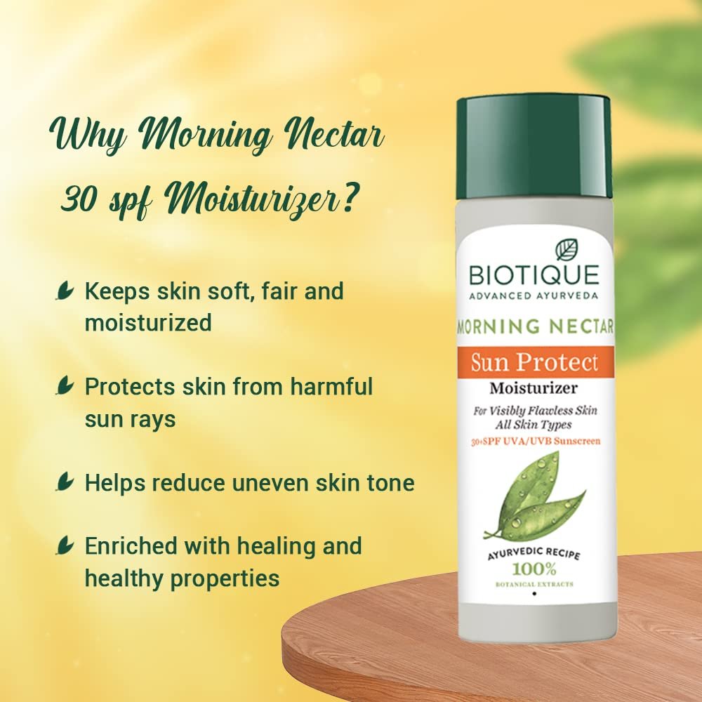 Biotique Morning Nectar Sun Protect Moisturizer SPF 30 UVA/UVB Sunscreen| Contains Wild Turmeric, Neem Leaves, & Morning Nectar | Visibly Flawless Skin | Suitable for All Skin Types | 120 ml thumbnail