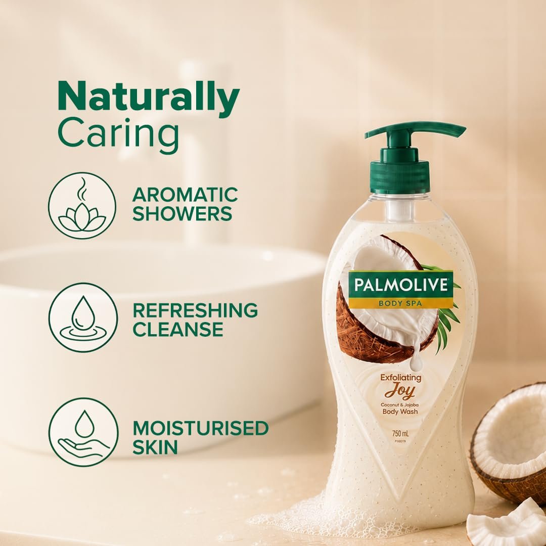 Palmolive Exfoliating Joy Bodywash for Women & Men, 750ml Crème Based Shower Gel Crushed Coconut & Jojoba Butter Extracts For Smooth Skin, PH Balanced Bodywash | thumbnail