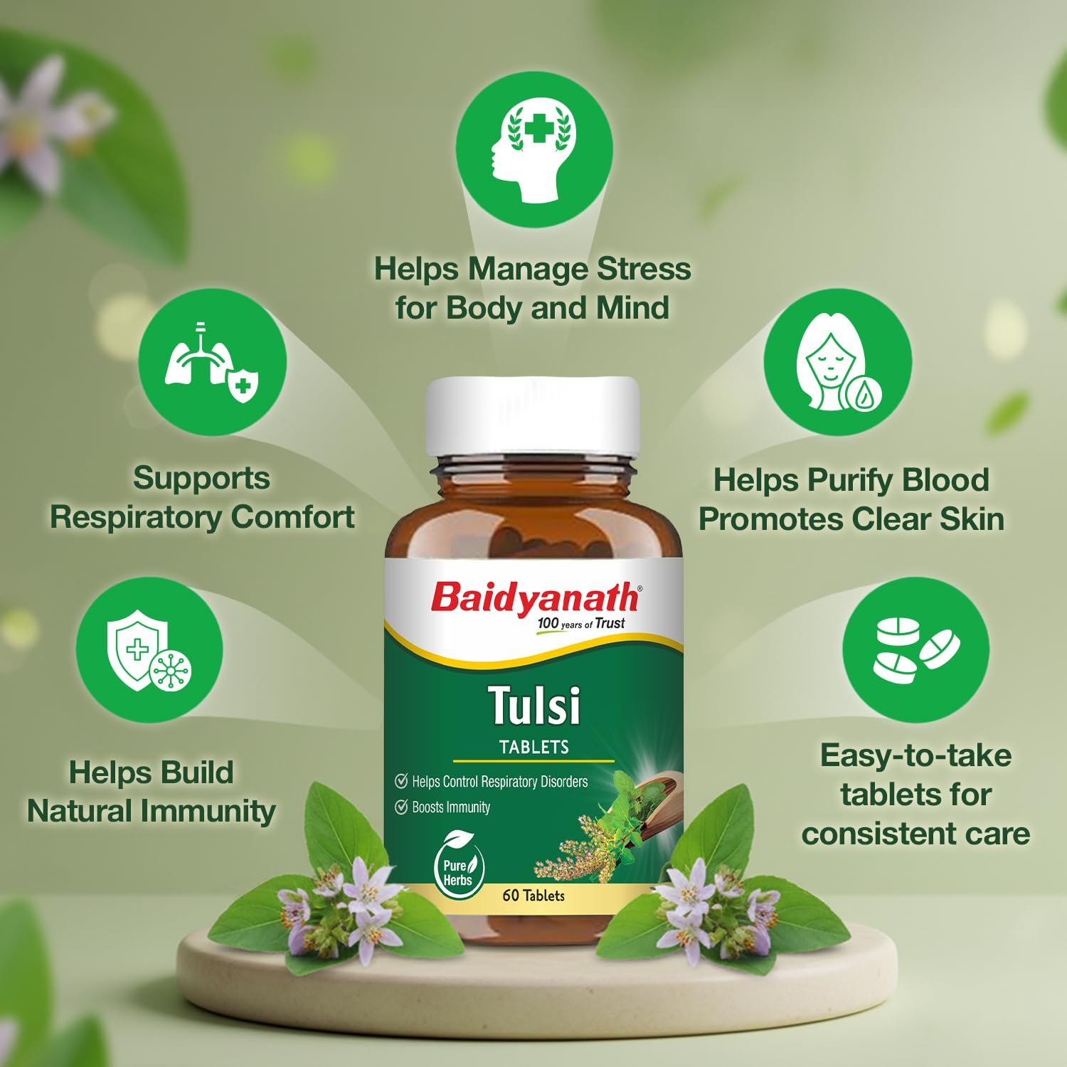 Baidyanath Ayurved Tulsi Tablets - 60 Tab|Helps in Boosts Immunity | Helpful in Cough & Cold (Pack of 1) thumbnail