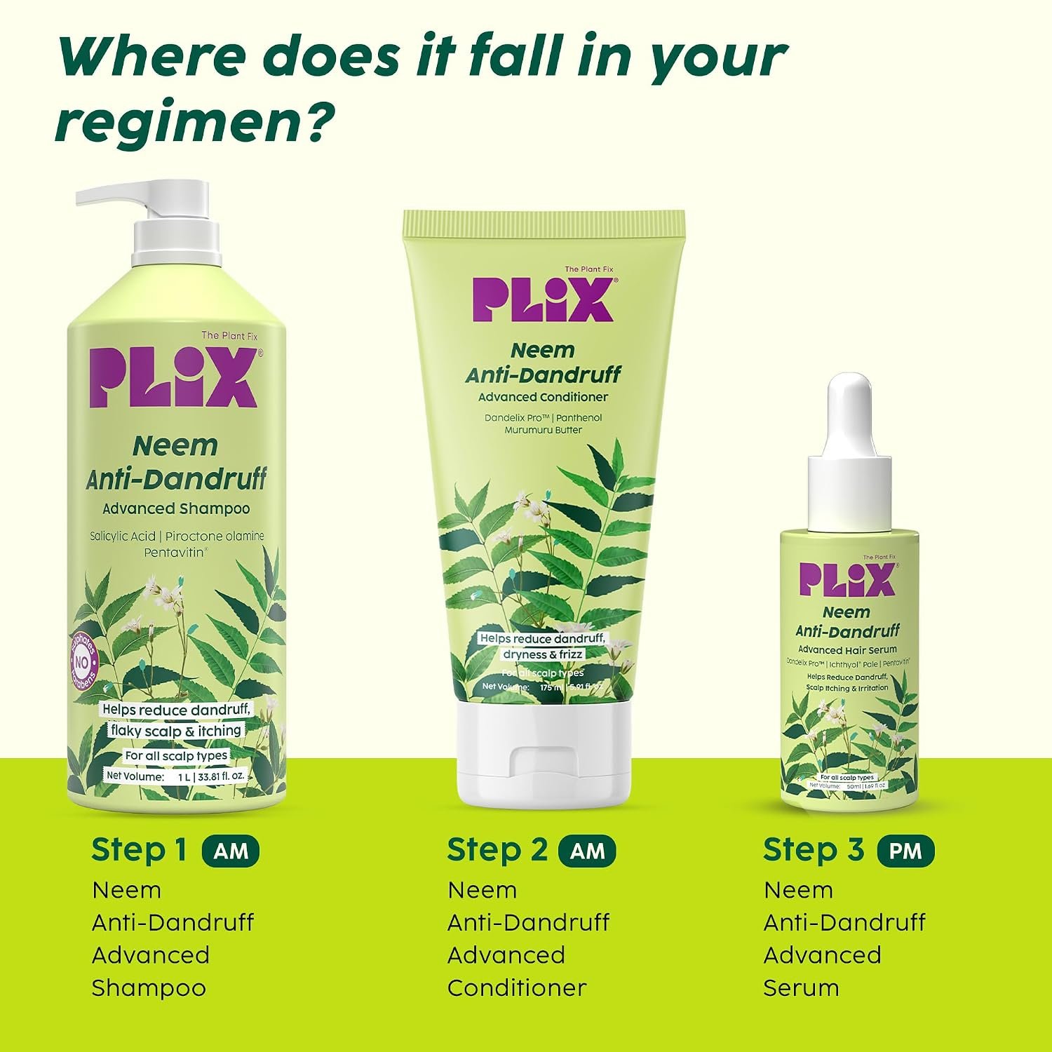 PLIX - THE PLANT FIX Neem Anti-Dandruff Advanced Shampoo | Piroctone Olamine & Pentavitin | Reduces Dandruff | Soothes Itchy Scalp | Moisturizes & Nourishes | Sulphate & Paraben Free|1000ml thumbnail