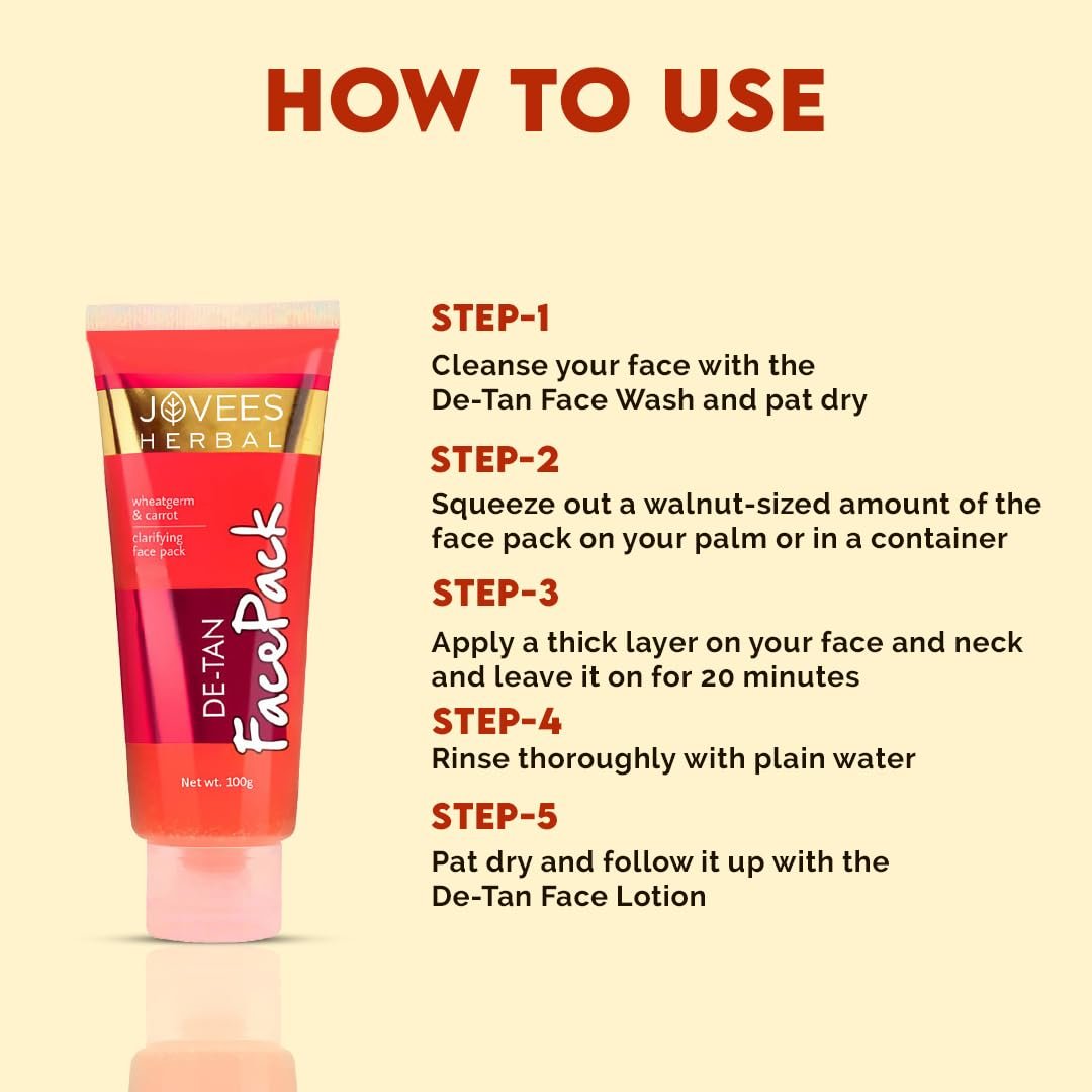 Jovees Herbal De-Tan Face Pack | Contains Wheat Germ and Carrot | For Tan Removal and Skin Revitalization | Bright and Glowing Skin | 100% Herbal | Paraben And Alcohol Free | 100gm thumbnail