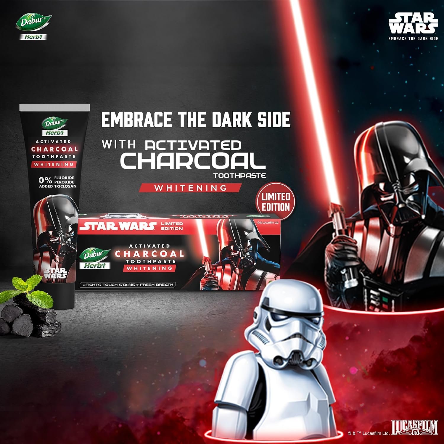 Dabur Herb'l Activated Charcoal & Mint Toothpaste - Star Wars Pack (Black Gel)- 240g (120gx2) Combo Pack | For Whitening | Fluoride Free Toothpaste | Fights Plaque & Extrinsic Stains thumbnail