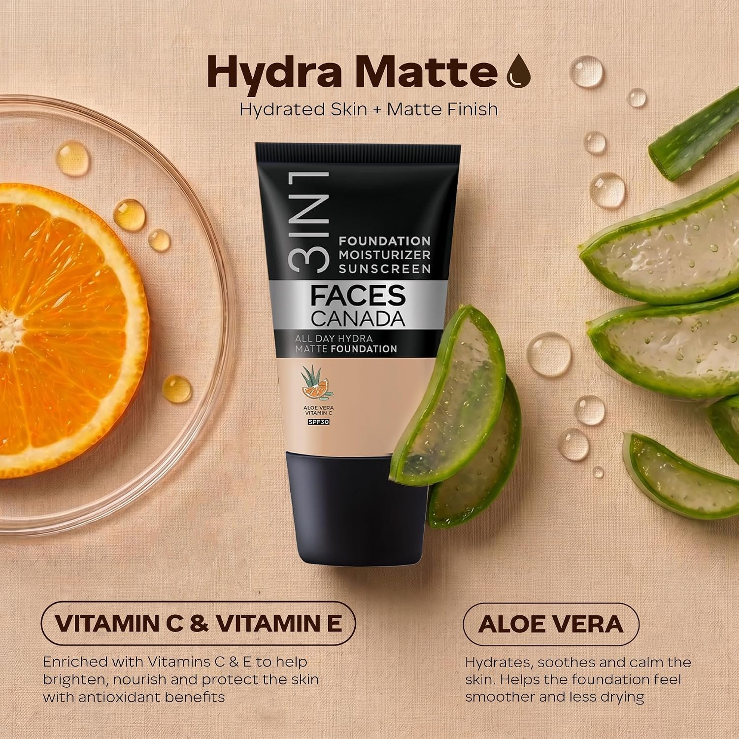 FACESCANADA Cream All Day Hydra Matte Foundation - Mini|3in1 Foundation + Moisturizer + SPF 30|24 HR Aloe Hydration & Vitamin C| 10HR Wear | Medium to High Buildable Coverage | Medium Natura thumbnail