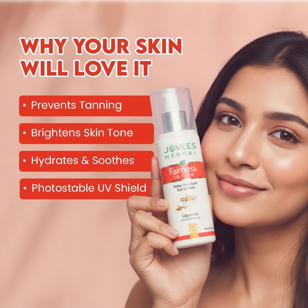 Jovees Herbal Sunscreen Fairness SPF 25 Lotion for Face | Oily & Sensitive Skin | Lightweight, Non-Greasy | UVA/UVB Protection, Prevents Tanning & Uneven Skin Tone | 100ml thumbnail
