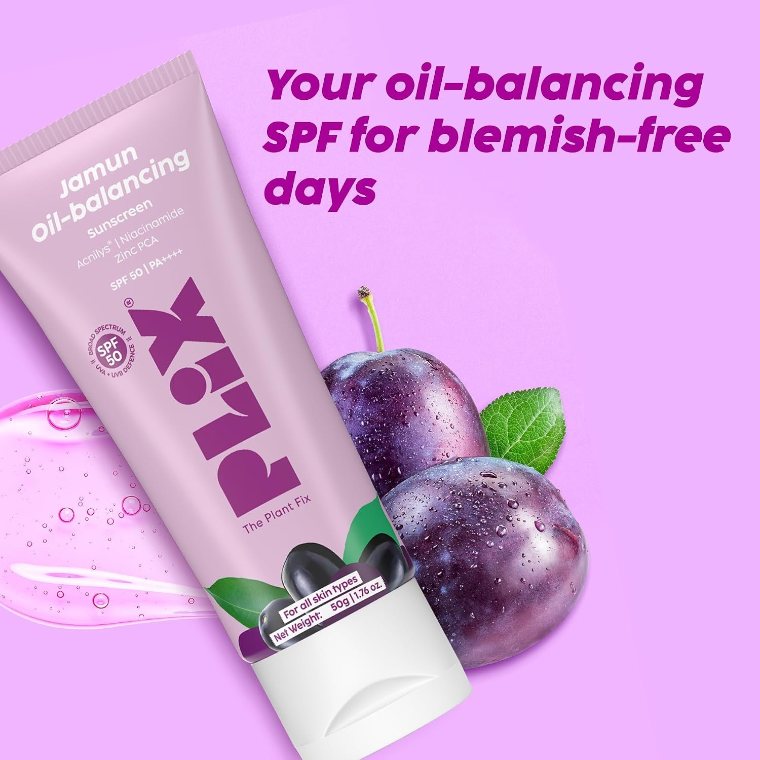 Plix Jamun Oil-Balancing Sunscreen With SPF 50 | ACNILYS, Niacinamide & Zinc PCA | Lightweight & Non-Greasy | Everyday Sun Protection | Oily & Acne-Prone Skin thumbnail