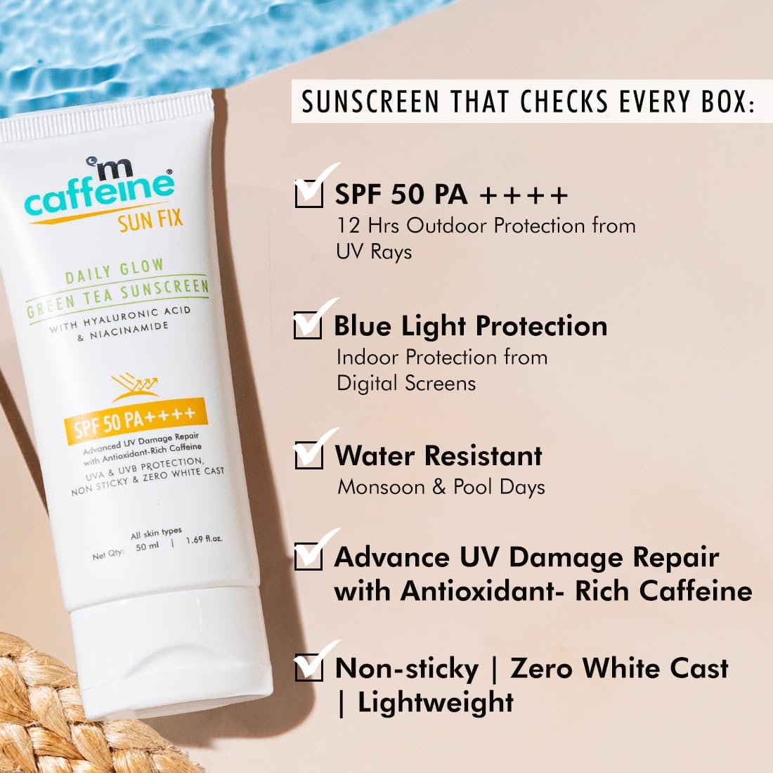 mCaffeine Niacinamide and Hyaluronic Acid Sunscreen SPF 50++ for Oily Skin | Mattifying, Zero White Care, Water Resistant & Non Sticky Sunscreen for Women & Men | - 50ml thumbnail