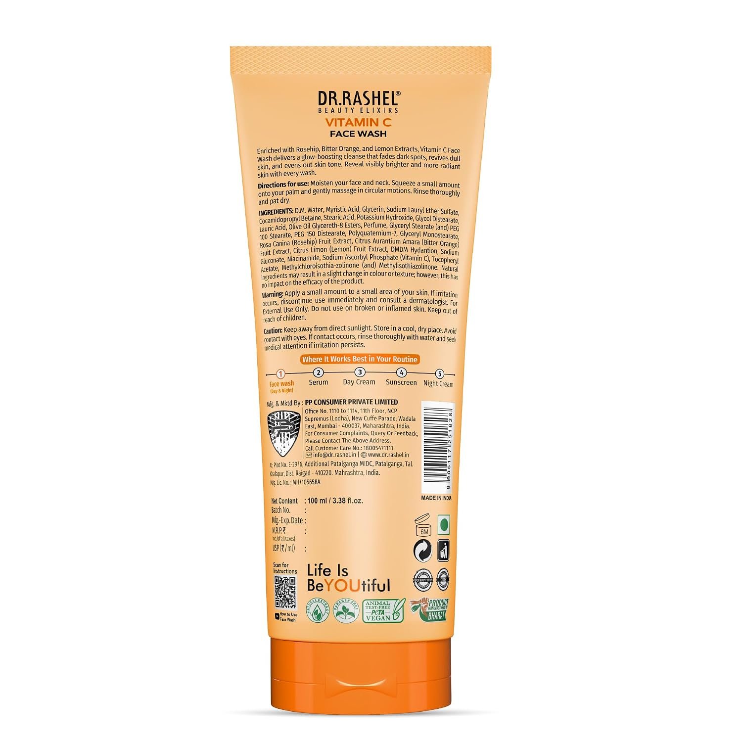 DR.RASHEL Beauty Elixirs Vitamin C Face Wash Enriched with Vitamin C Paraben, SLS & Silicone-Free Brightening Skin Cleansing For All Skin Types (100ml) thumbnail