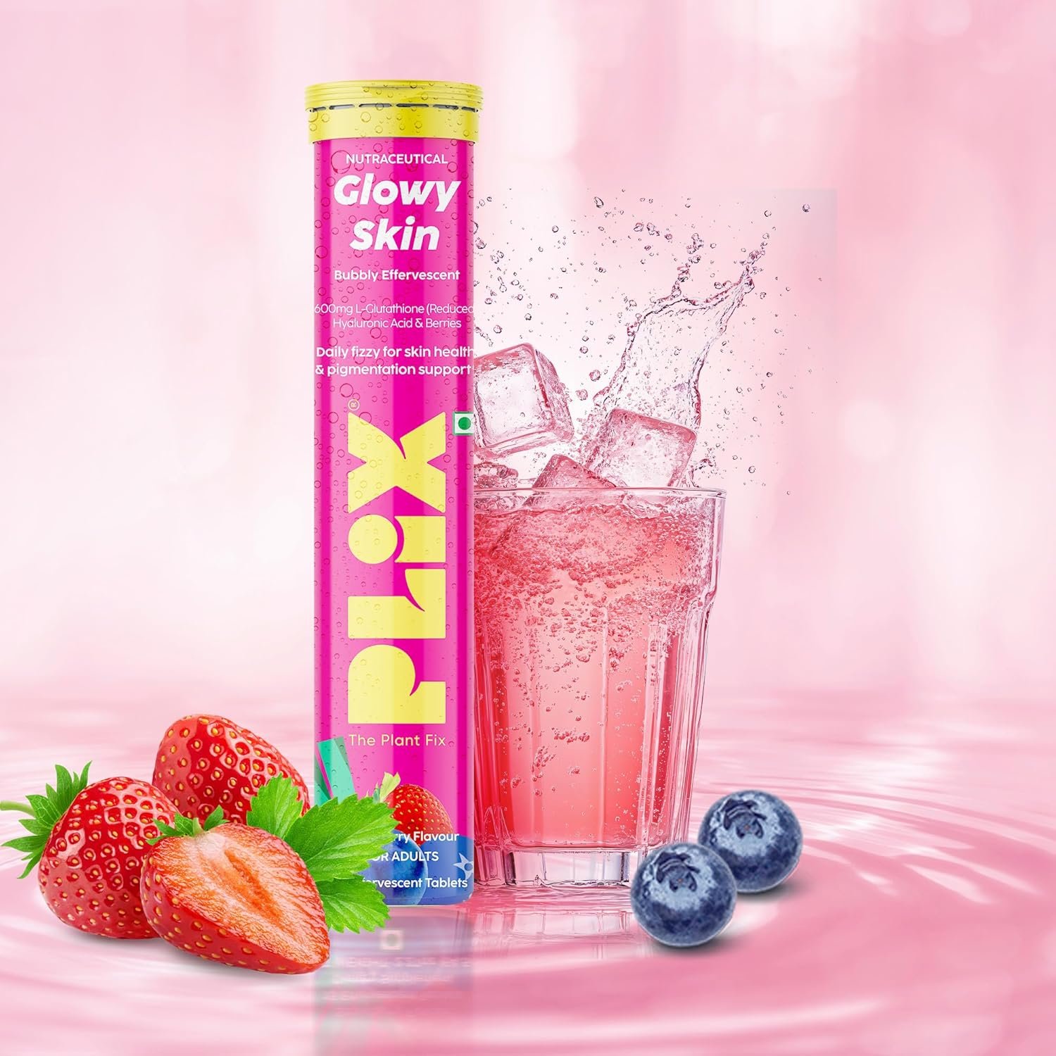 The Plant Fix Plix Glutathione Effervescent Tablets for Clear, Glowing & Youthful Skin | 600mg Glutathione, Vit E & Hyaluronic Acid | No Maltodextrin | Strawberry | Pack of 2 thumbnail