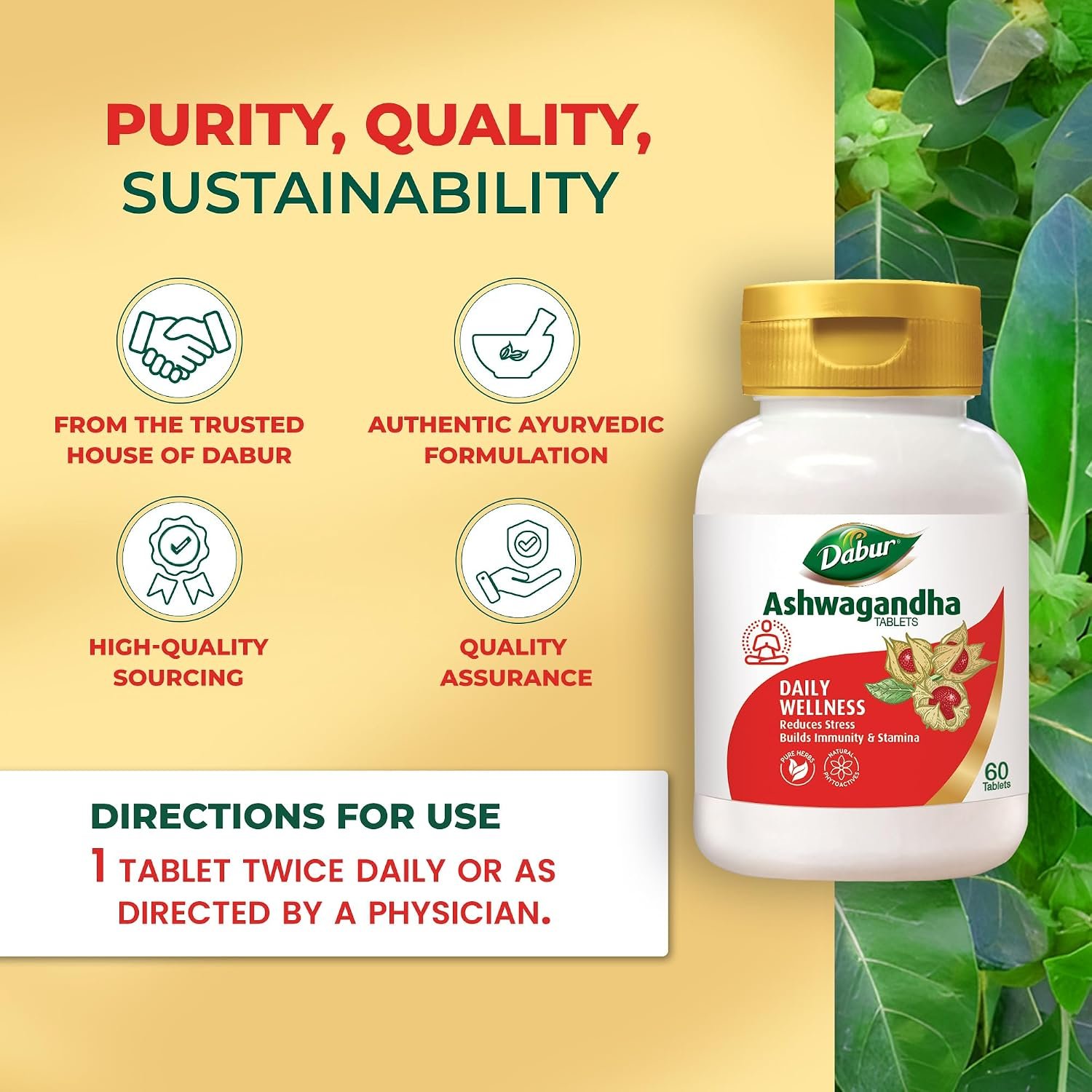 Dabur Ashwagandha Tablets - 60 tabs | General Wellness Tablets | Stress Relief | Rich in Antioxidants | Immunity Booster | Rich in Antioxidants | Rejuvenates Body thumbnail