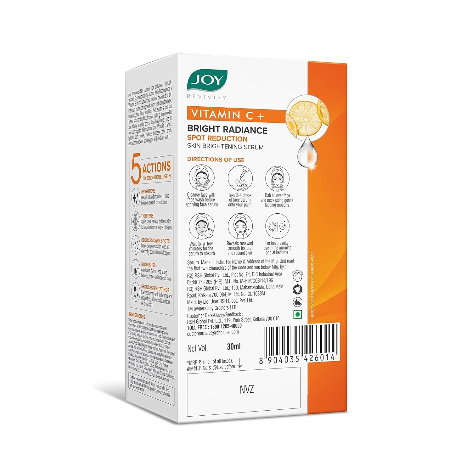 Joy Bright Radiance Vitamin C Face Serum for Skin Brightening | 5 Action Formula - Brightens, Tightens, Nourishes, Reduces Dark Spots & Skin Irritation | Suitable For All Skin Types (30ml) thumbnail
