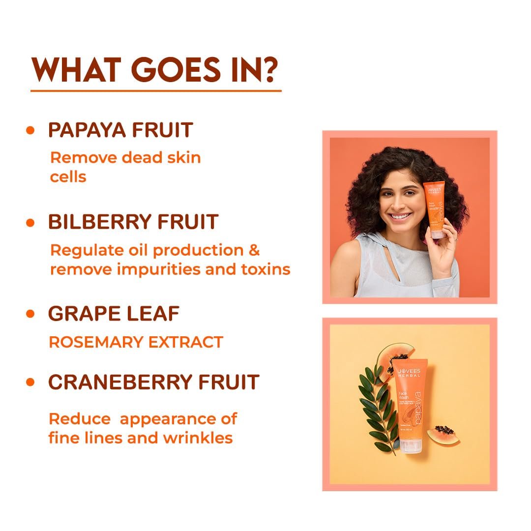 Jovees Herbal Papaya Face Wash For Glowing and Clear Skin with Papaya & Bilberry fruit Ext | Gentle Cleanser For Brightens Skin, Removes Pigmentation & Dark Spots | 50ml thumbnail