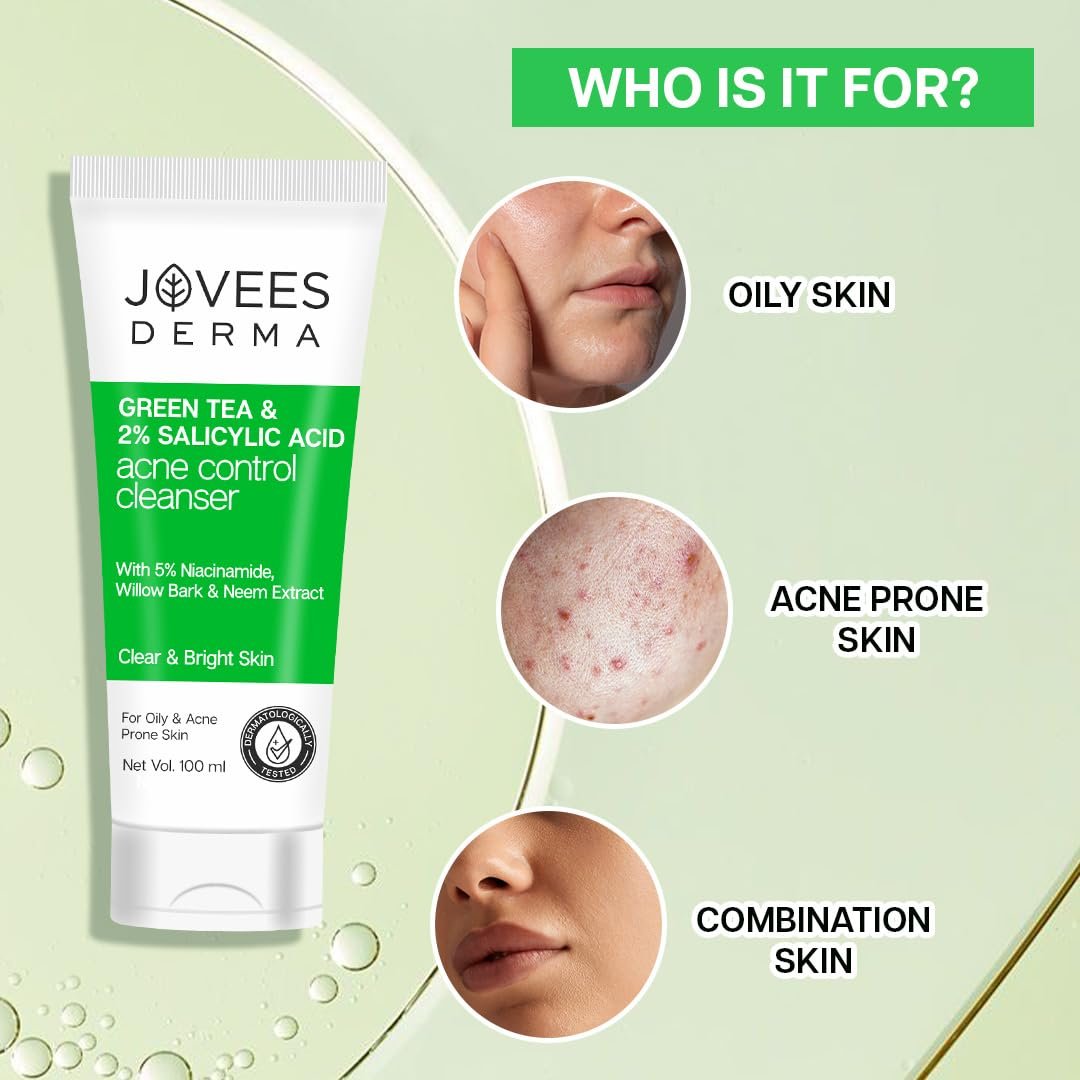 Jovees Herbal Derma Green Tea Pore Cleansing Face Wash For Acne Prone Skin, Salicylic Acid With Green Tea, Fight Pimples & Control Excess Oil, Gentle & Non-Drying Formula 100ml thumbnail