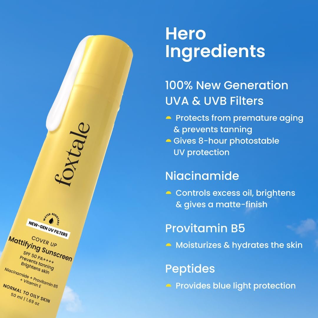 Foxtale SPF 50 PA++++Gel-Cream Sunscreen for Oily Skin with Niacinamide | Oil free, UVA UVB Protection, Prevents Tan | Lightweight, Pore-minimising, No White Cast | All Skin Type - 50ml thumbnail