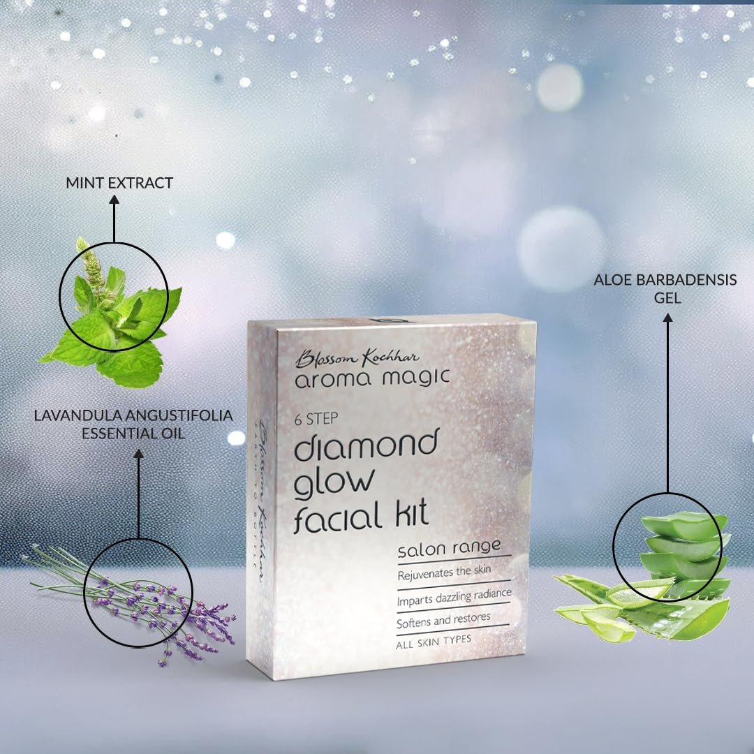Aroma Magic 6 step Diamond Glow Facial Kit Set | Rejuvenates skin, restoring radiance & softness | Mint & Neem Extract, Vitamin E, Aloe Vera | All Skin | 5 Single Use Kit | Pack of 1 thumbnail