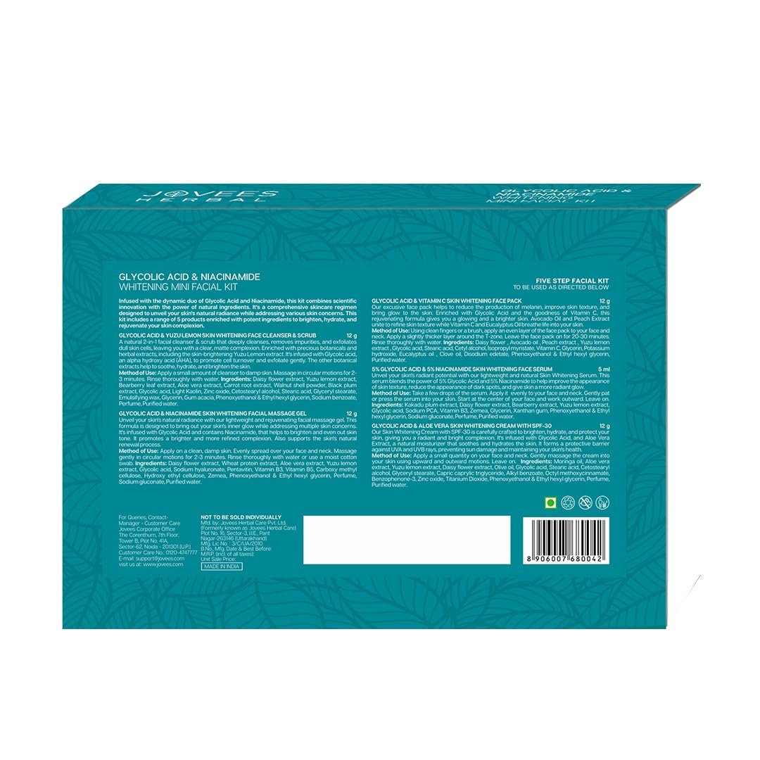 Jovees Herbal Glycolic Acid & Niacinamide Whitening Mini Facial Kit For Brighter & Hydrated Skin | Kit for Improves Uneven Skin Tone, Dark Spots & Dullness 53g (Multiple Use) thumbnail