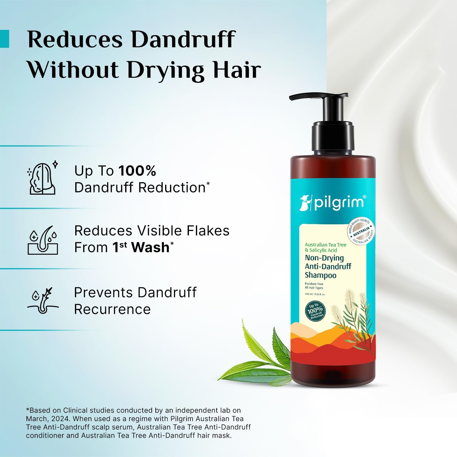 Pilgrim Australian Tea Tree Non-Drying Anti-Dandruff Shampoo - 400ml Salicylic Acid, Reduces Visible Flakes from 1st Wash, Prevent Dandruff Reccurence, Non-Drying Scalp Cleanse, All Hair Typ thumbnail
