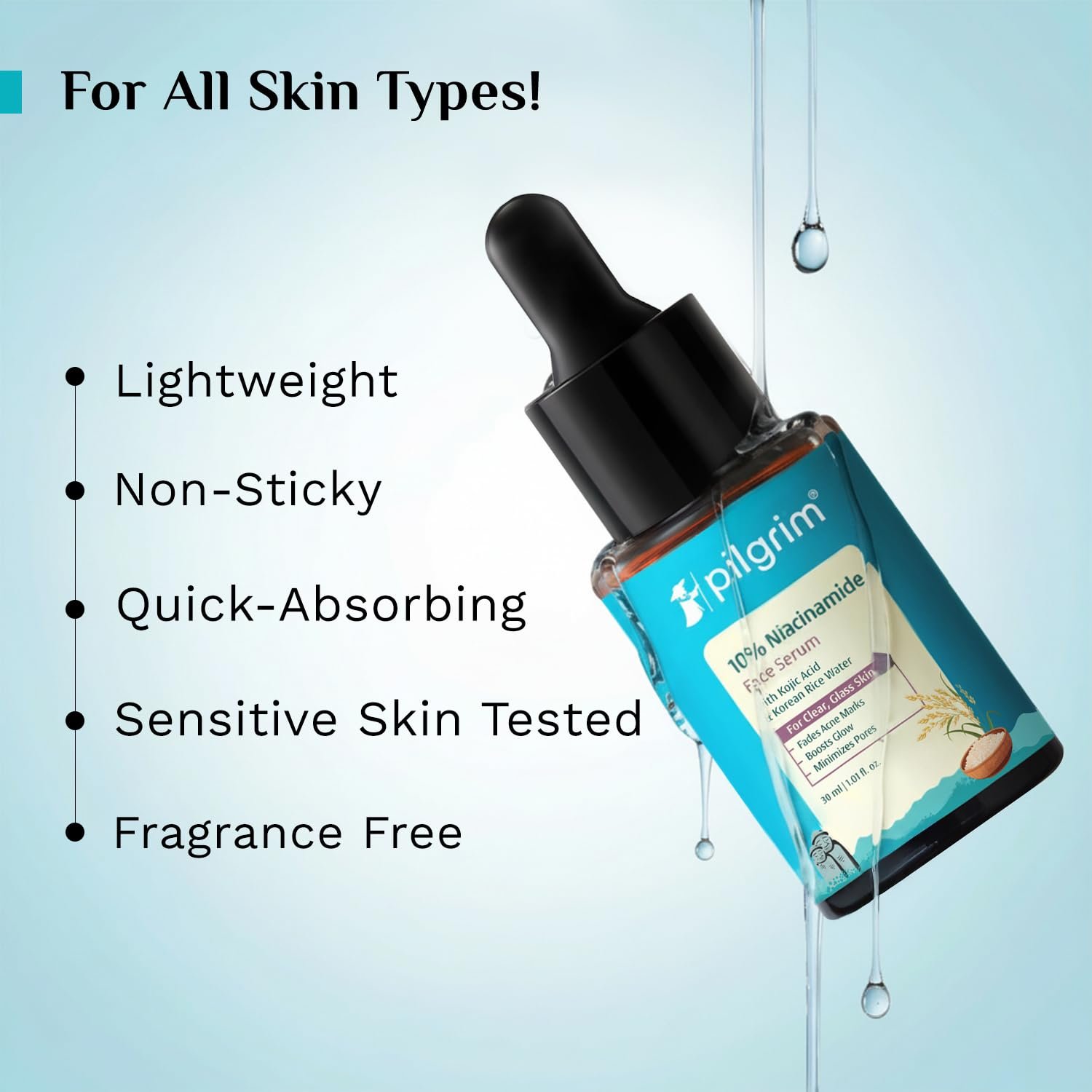 Pilgrim 10% Niacinamide Face Serum for Acne Marks & Glass Skin Glow - 30ml with Kojic Acid & Korean Rice Water, Fades Dark Spots, Boosts Glow, Minimizes Pores, Controls Excess Oil, Sensitive thumbnail