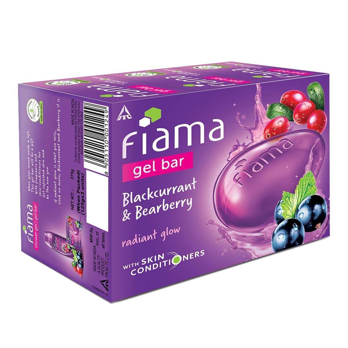 Fiama Gel Bar Blackcurrant & Bearberry 375g (125g Pack of 3) | Radiant Glowing Skin | Moisture Lock with 30% Smoothing Body Serum | Bathing Soap for Women & Men | All Skin Types thumbnail