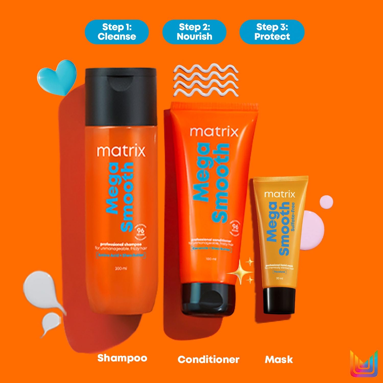 Matrix Professional Mega Smooth Shampoo (200ml) & Conditioner (100ml) Combo With Free Mini Hair Mask (20ml) for Frizzy Hair |Max Smoothness for 4 Days|Used by 1 Lakh Hairstylists thumbnail