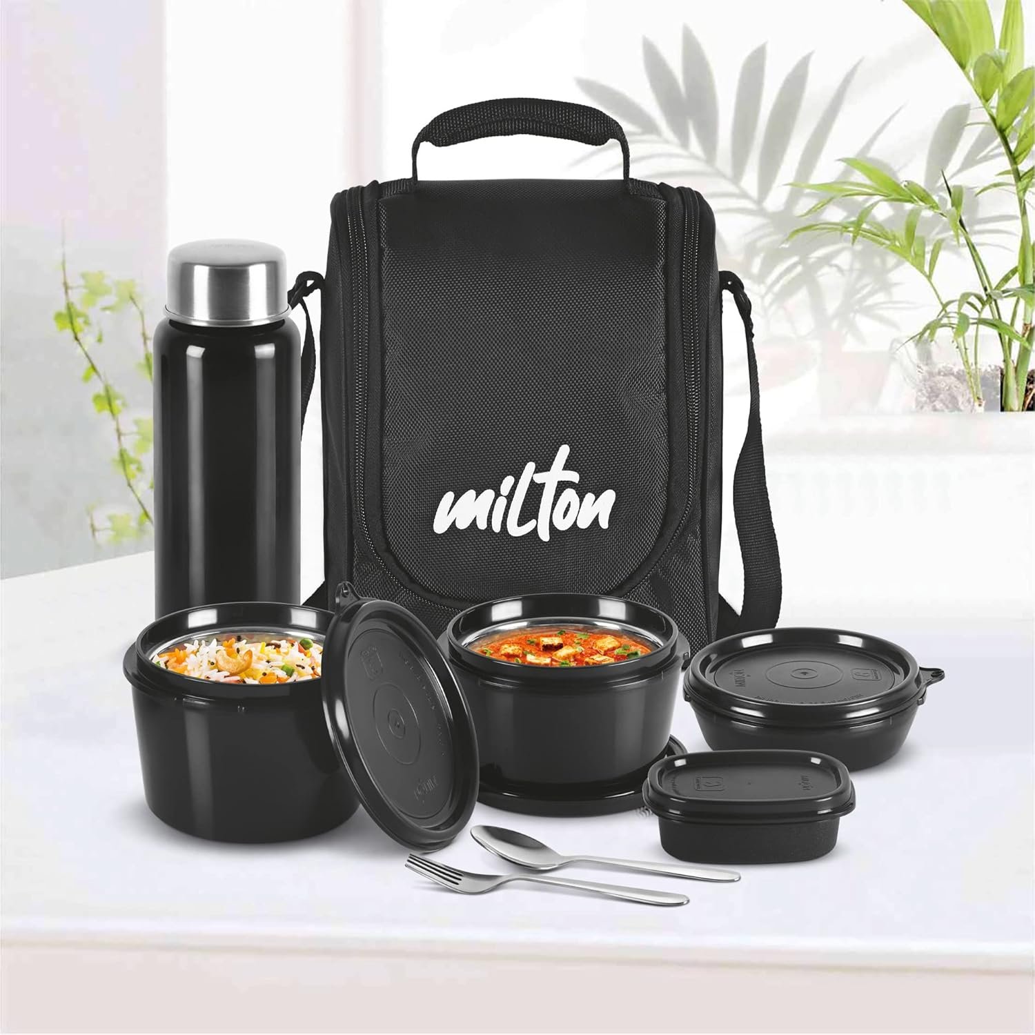 MILTON Pro Lunch Box with Steel Cutlery, 3 Microwave Safe Inner Steel Containers (180ml, 320ml, 450ml) Plastic Chutney Dabba 100ml, Bottle 750ml with Insulated Bag, Office Tiffin, Black thumbnail