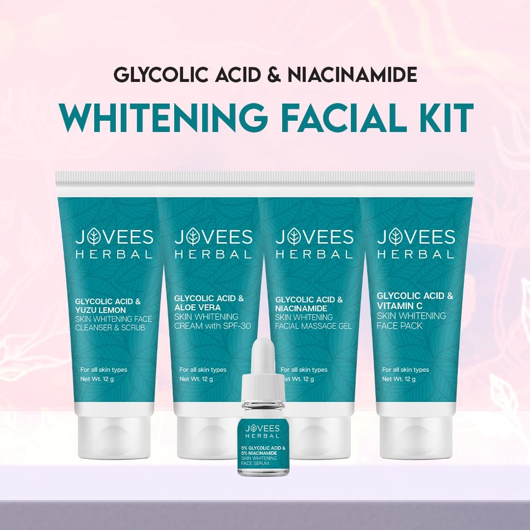 Jovees Herbal Glycolic Acid & Niacinamide Whitening Mini Facial Kit For Brighter & Hydrated Skin | Kit for Improves Uneven Skin Tone, Dark Spots & Dullness 53g (Multiple Use) thumbnail