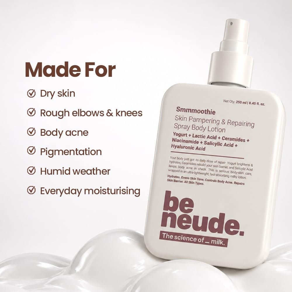 Be Neude Body Lotion with Ceramide, Lactic Acid, Niacinamide & Hyaluronic Acid for Deep Hydration, Barrier Repair & Dark Spot Reduction, Ultralight, Non-Sticky Body Lotion Smmmoothie, 250ml thumbnail