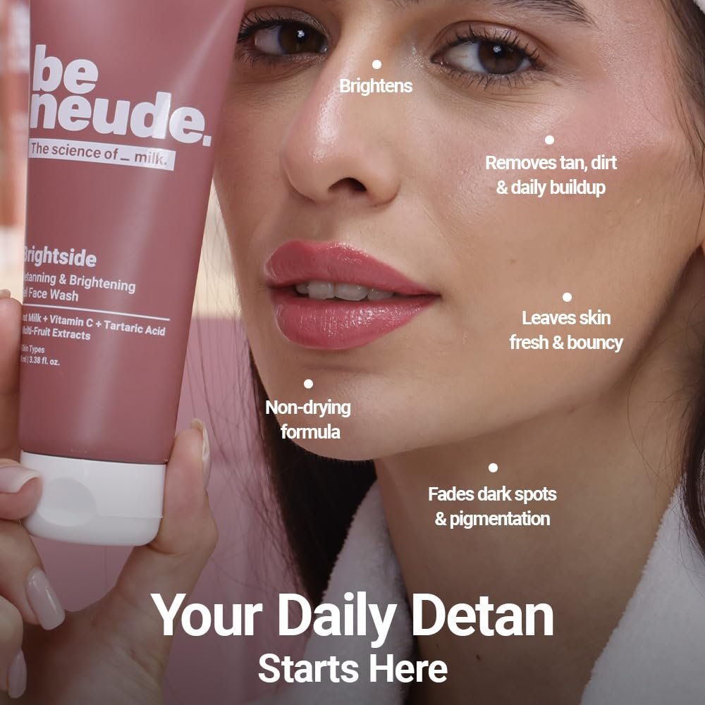 Be Neude Brightside 100ml Detan & Brightening Gel Face Wash with Goat Milk, Vitamin C & Tartaric Acid for Dark Spot Removal, Pigmentation & Glow, Face Wash for Men & Women thumbnail