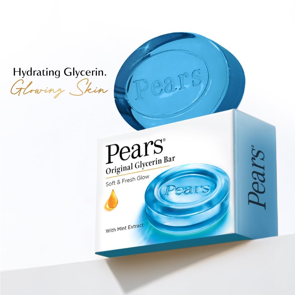 Pears Original Glycerin Soap Bar - Soft & Fresh Glow | With 98% Pure Glycerin & Mint Extract | For a Fresh Glow | With Plant Based Cleanser for Skin & Body | Paraben-free | 125gms x 4 thumbnail
