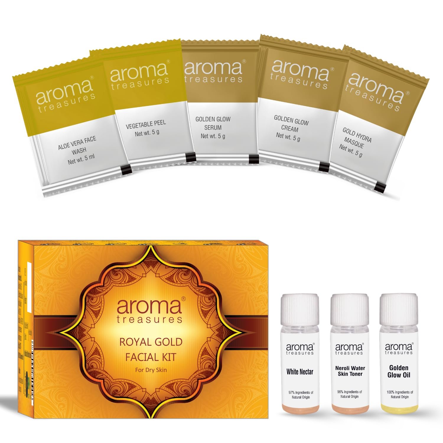 Aroma treasures one time use facial kits with natural ingredients (Royal gold facial kit - Dry Skin) thumbnail