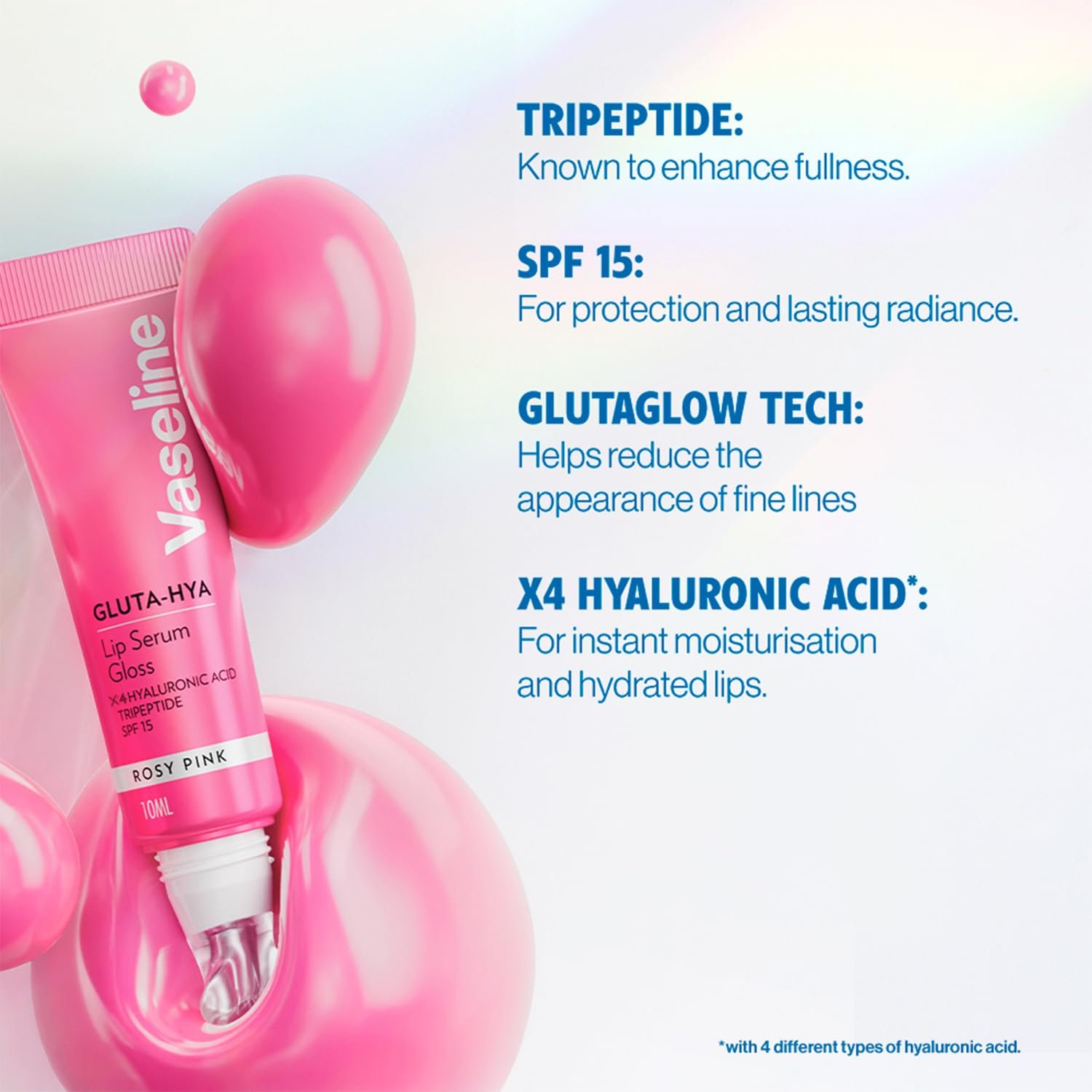 Vaseline Gluta-Hya Rosy Pink Lip Gloss, Serum Lip Care with Hyaluronic Acid and GlutaGlow Technology, Tints, Plumps and Protects with SPF15 for Plumper Lips | 10 ml thumbnail
