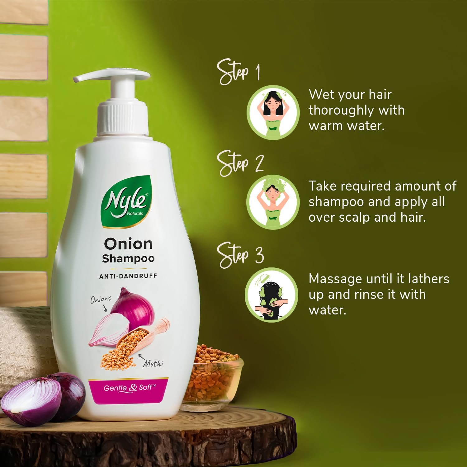 Nyle Naturals Onion Anti-Dandruff Shampoo, With Onion and Fenugreek, Gentle & Soft Shampoo, pH Balanced and Paraben Free, For Men and Women, 800ml thumbnail