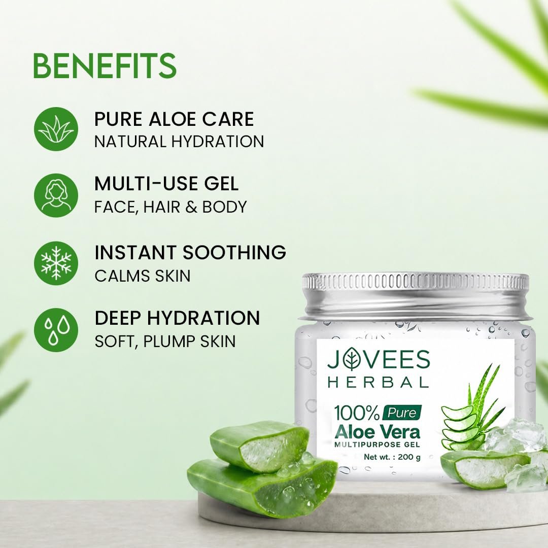 Jovees Herbal 100% Pure Aloe Vera Gel for Face, Hair (200gm) | Hydrating & Soothing Gel for Acne Scars, Blemishes, Anti-Aging & Skin Redness | Multipurpose Aloe Vera Gel for Moisturization thumbnail