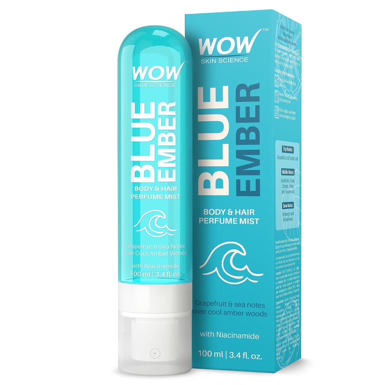 WOW Skin Science Blue Ember Unisex Body & Hair Perfume Mist | Fresh Aquatic Amber Fragrance with Niacinamide | Lightweight, Skin-Close Scent for Men & Women | 100ml