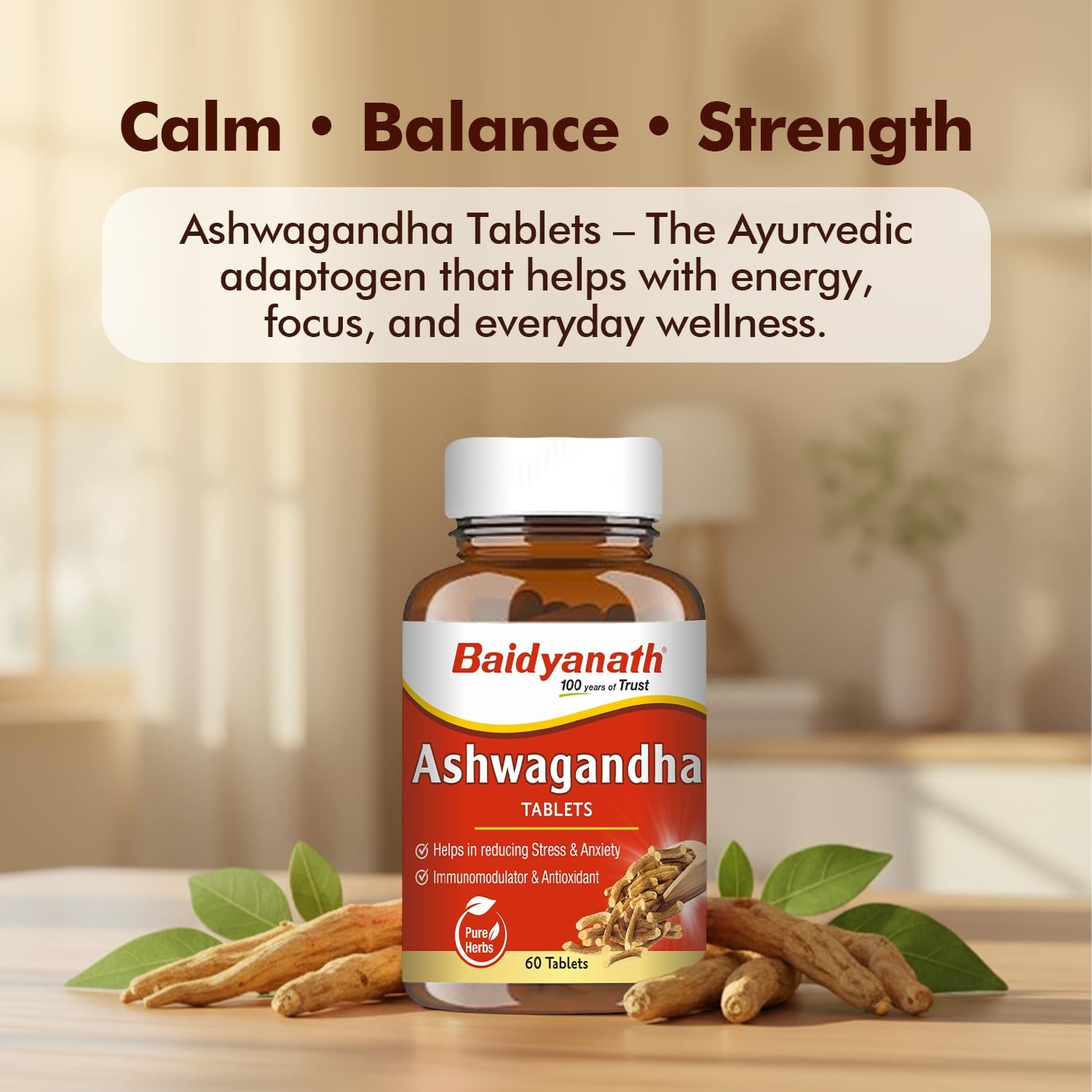 Baidyanath Ayurved Ashwagandha 60 Tablets for General Wellness | Helps Release Stress & Anxiety (Pack of 1) thumbnail