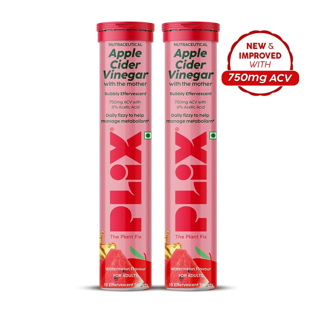 Plix Apple Cider Vinegar Effervescent Tablets Watermelon Flavour | 750mg ACV with The Mother | Supports Digestion & Metabolism | Helps Manage Cravings | Vitamin B6 & B12 | No Added Sugar (Pa thumbnail