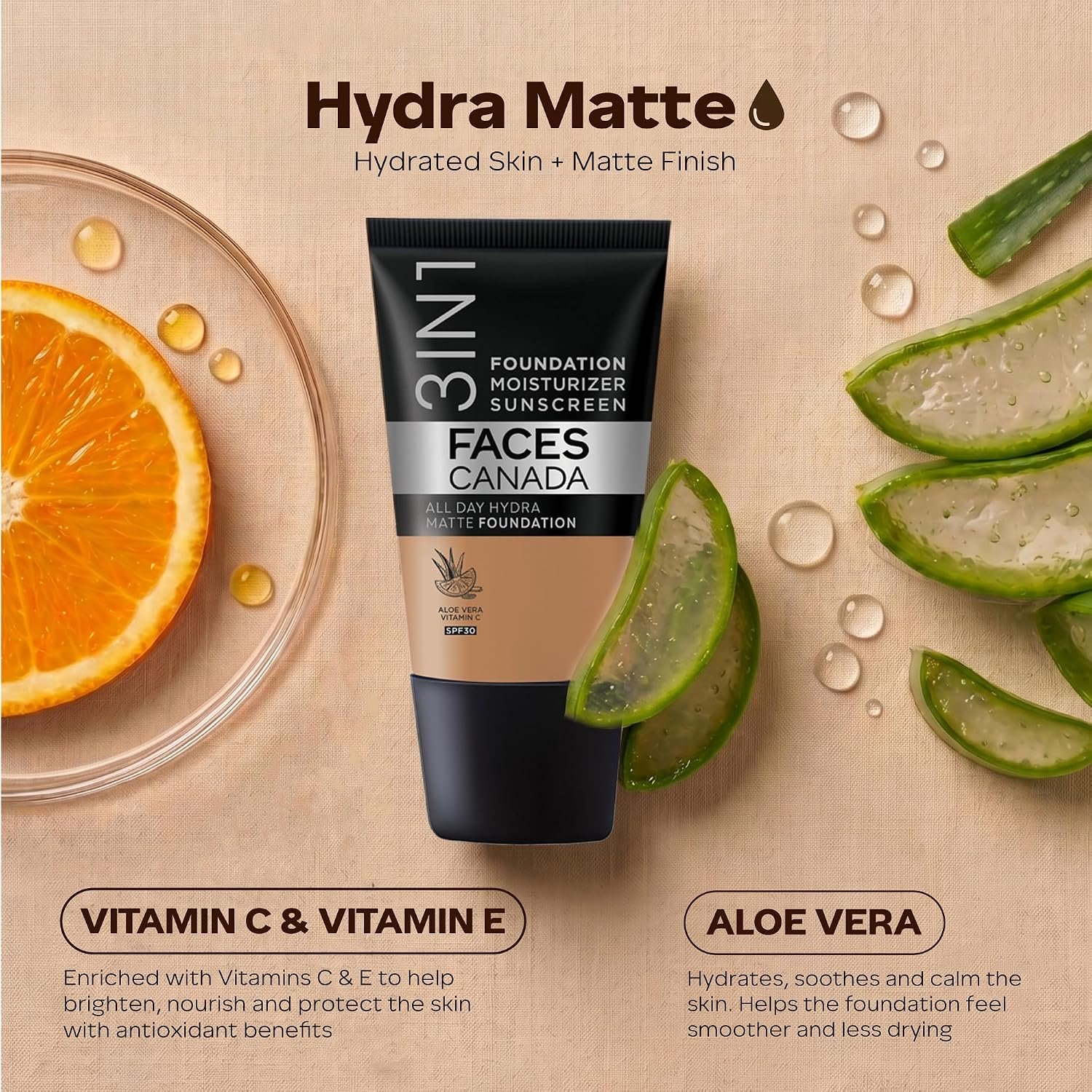 FACESCANADA Cream All Day Hydra Matte Foundation - Mini | 3in1 Foundation + Moisturizer + SPF 30 | Warm Sand (18 ml) thumbnail
