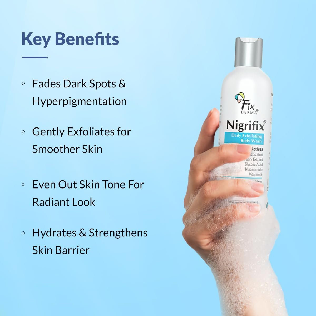 Fixderma Nigrifix Exfoliating Body Wash with 5% Actives (Lactic Acid, Glycolic Acid, Niacinamide Acid & Vitamin E) | Gentle Exfoliating Shower Gel |  Body Wash Shower Gel- 200ml thumbnail