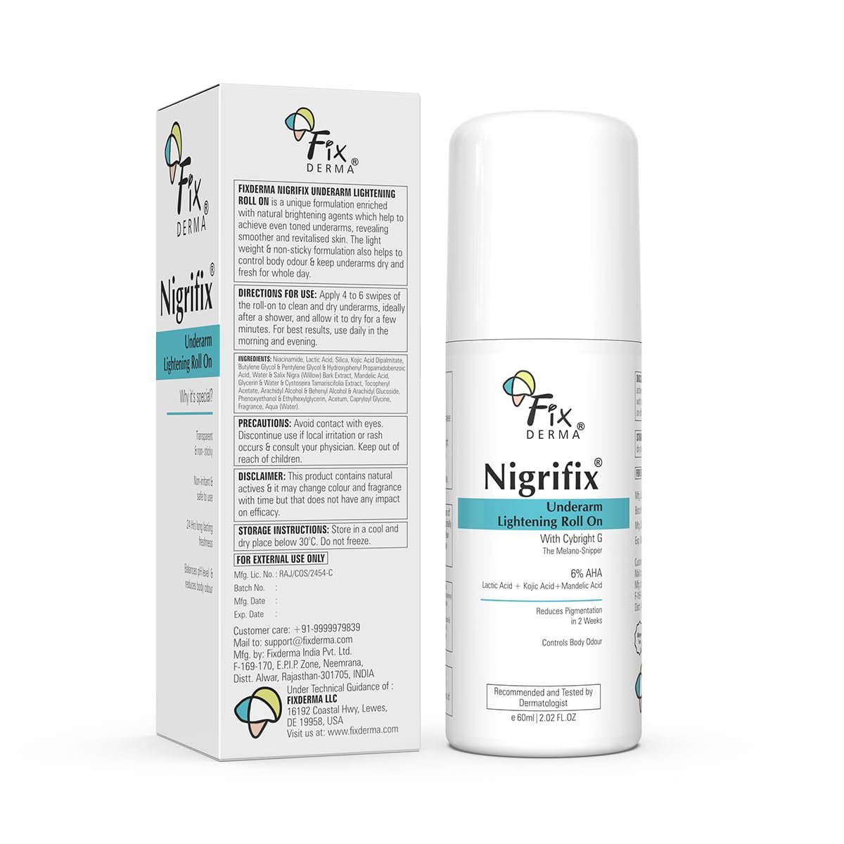 Fixderma Nigrifix Underarm Roll on with 6% AHA, Lactic Acid & 1% Mandelic Acid & Kojic Acid | Brightens Skin & Exfoliates Underarm | For All Skin Type, Men & Women - 60ml thumbnail