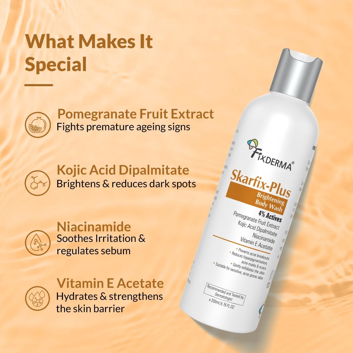 Fixderma Skarfix Plus Brightening Body Wash with 4% Actives (Kojic Acid, Niacinamide Acid, & Vitamin E) | Skin Brightening Body Wash Shower Gel | For Hyperpigmentation & Acne Marks - 200ml thumbnail