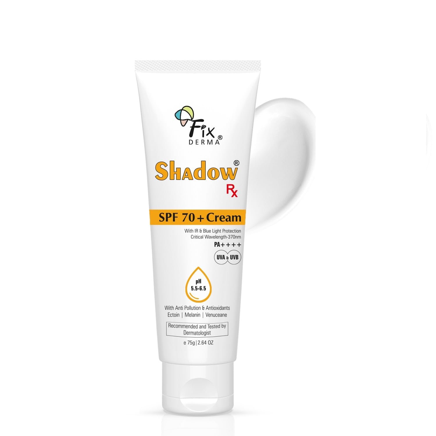 Fixderma Shadow Sunscreen SPF 70+ Cream PA++++ | Sunscreen for Dry Skin | Sunblock SPF 70 | Hybrid with UVA & UVB Filters, Antioxidants, IR Protection and Blue Light Protection - 75gm