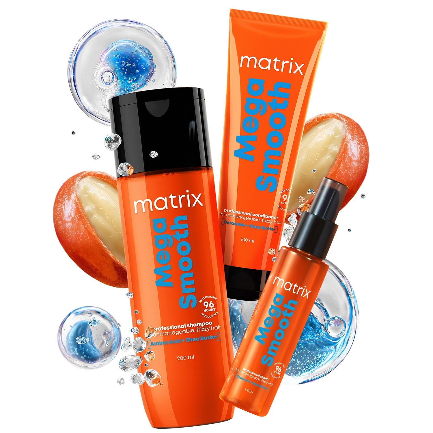 Matrix Professional Mega Smooth Shampoo (200ml), Conditioner (100ml) & Serum(100ml) Combo with Shea Butter for Frizzy Hair | Max Smoothness for 4 Days | Used by 1 Lakh Hairstylists