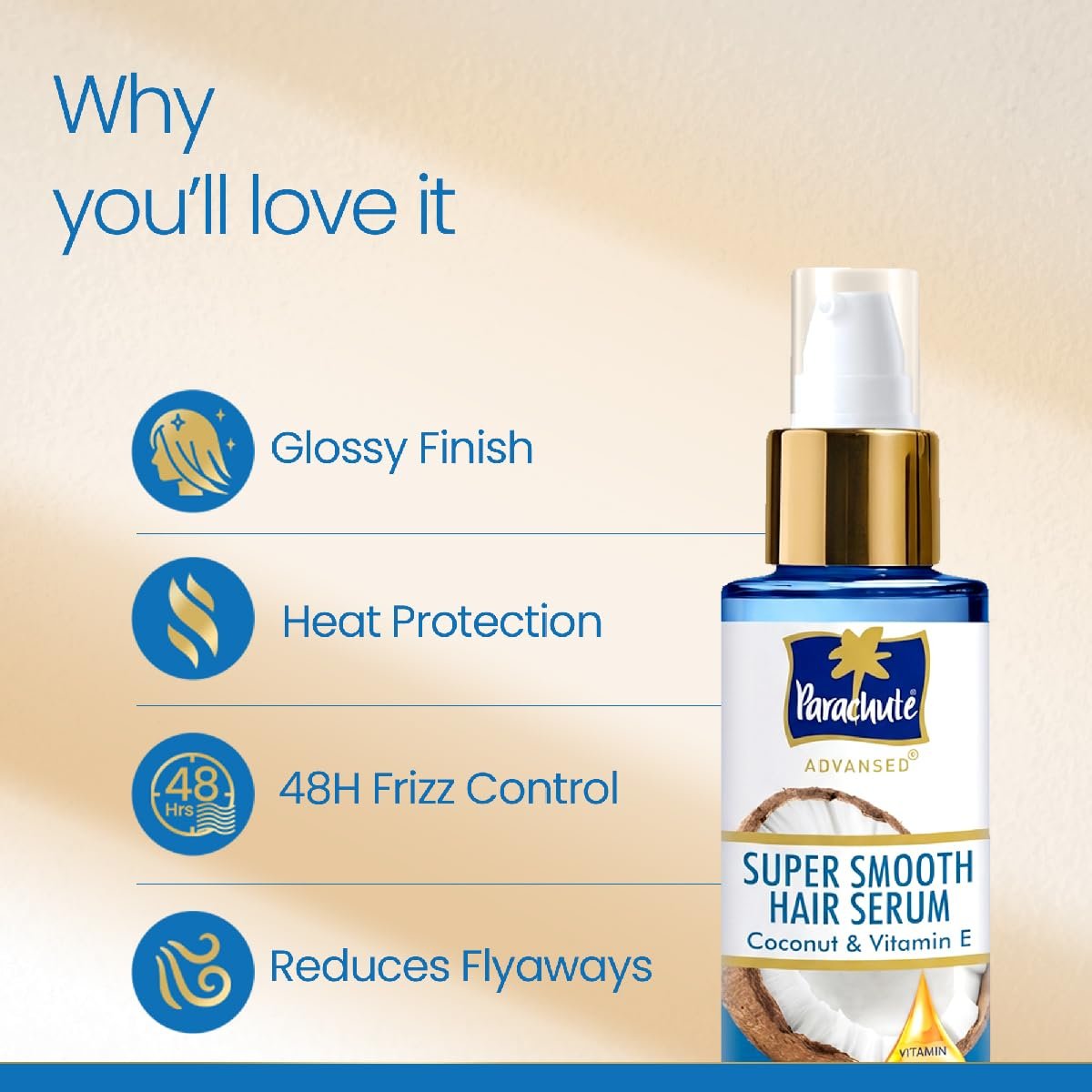 Parachute Advansed Super Smooth Hair Serum | Coconut & Vitamin E | 48 Hrs Frizz control | 2 X Smooth Hair | 100ml thumbnail