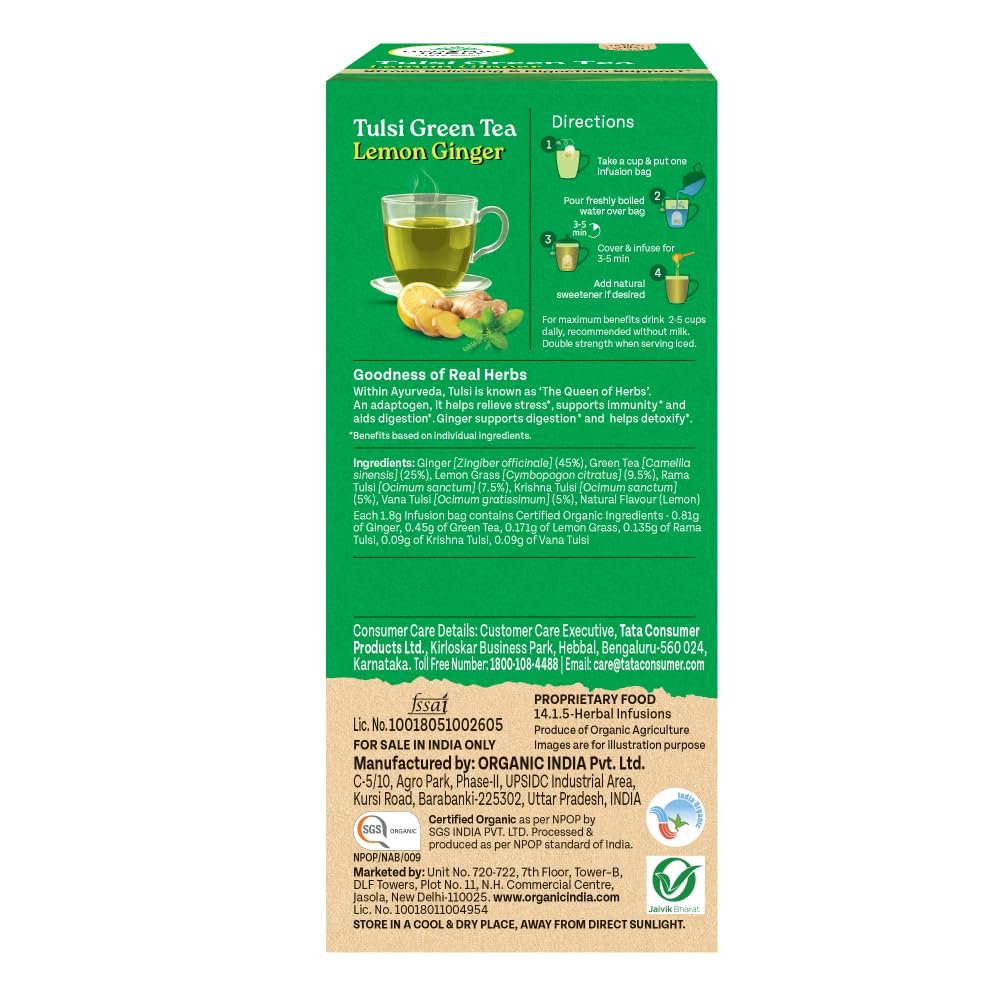 A TATA Product - Organic India Tulsi Green Tea Lemon Ginger , Herbal Blend with Green-Tea, Tulsi, Lemon & Ginger, Supports Digestion -25 Teabags. thumbnail