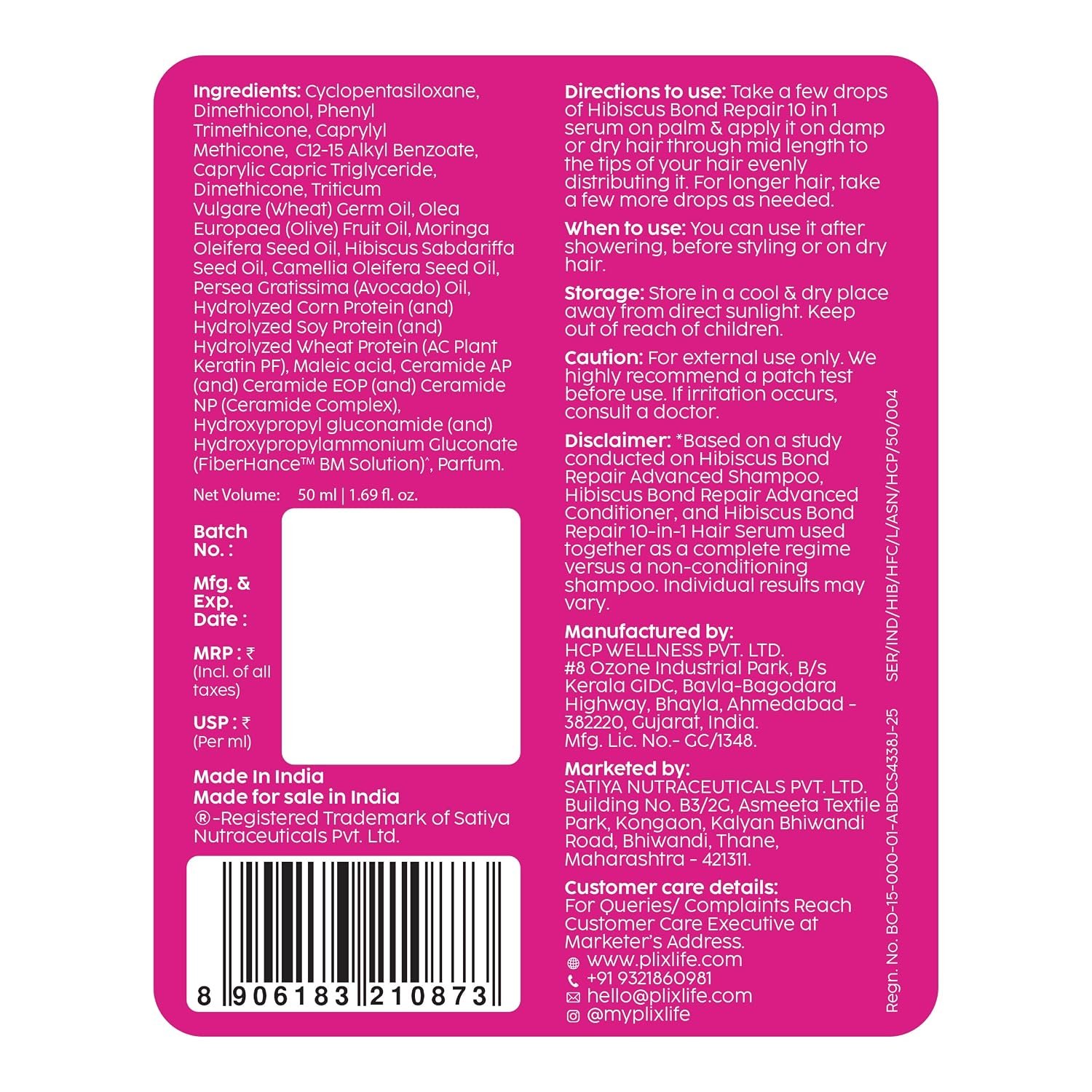 PLIX - THE PLANT FIX Hibiscus Bond Repair 10-in-1 Hair Serum | FiberHance™ | Repairs Damage Hair | Strengthens Keratin Structure | Provides 3X strengthening | 50ml thumbnail