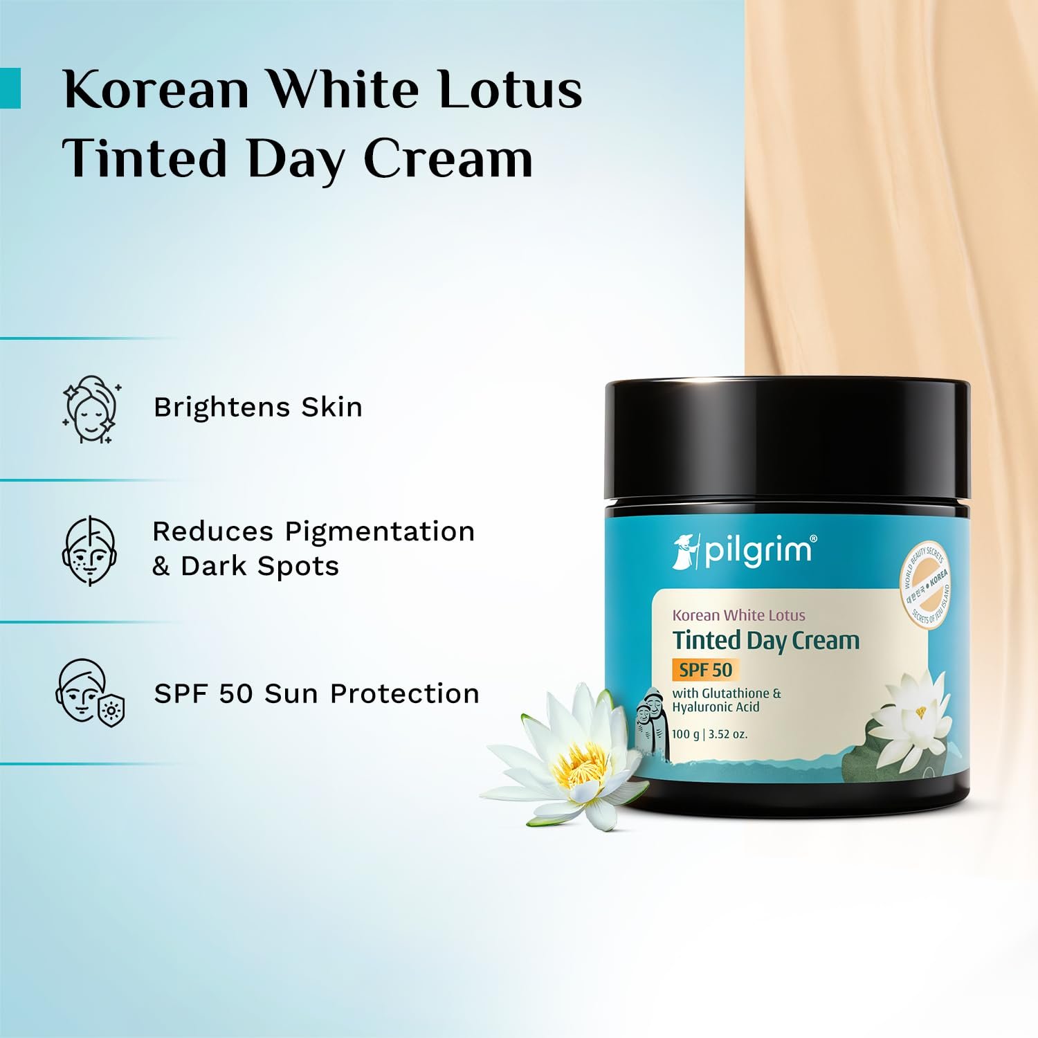 PILGRIM Korean White Lotus Face Cream with SPF 50 | White Lotus Day cream for women daily use | Face cream for dry skin, sensitive skin & oily skin | For Women and Men | 100g thumbnail