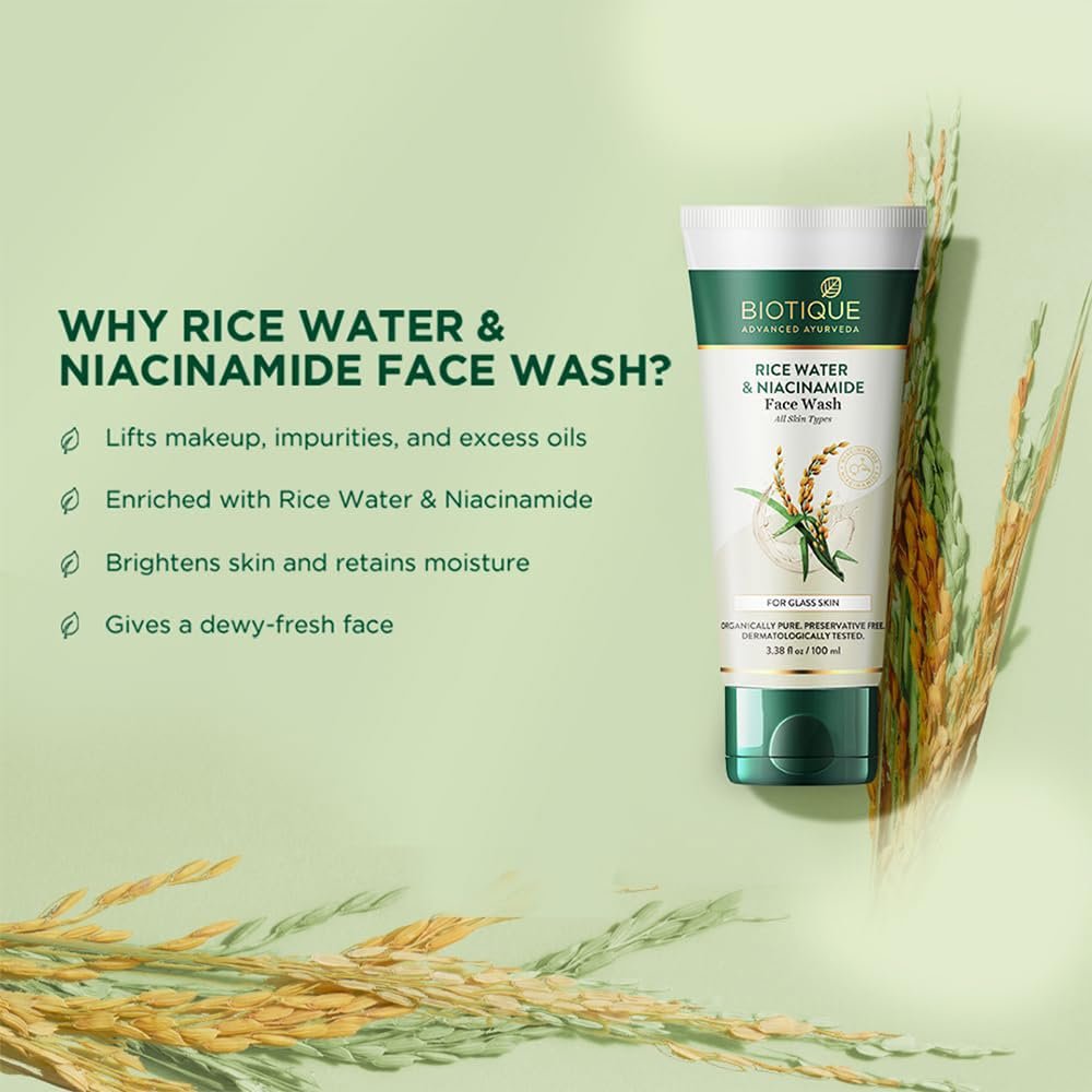 Biotique Rice Water & Niacinamide Gel Face Wash Removes Excess Oils & Reduce Blemishes of the Skin | Glass Skin | For Men & Women - 100ml thumbnail